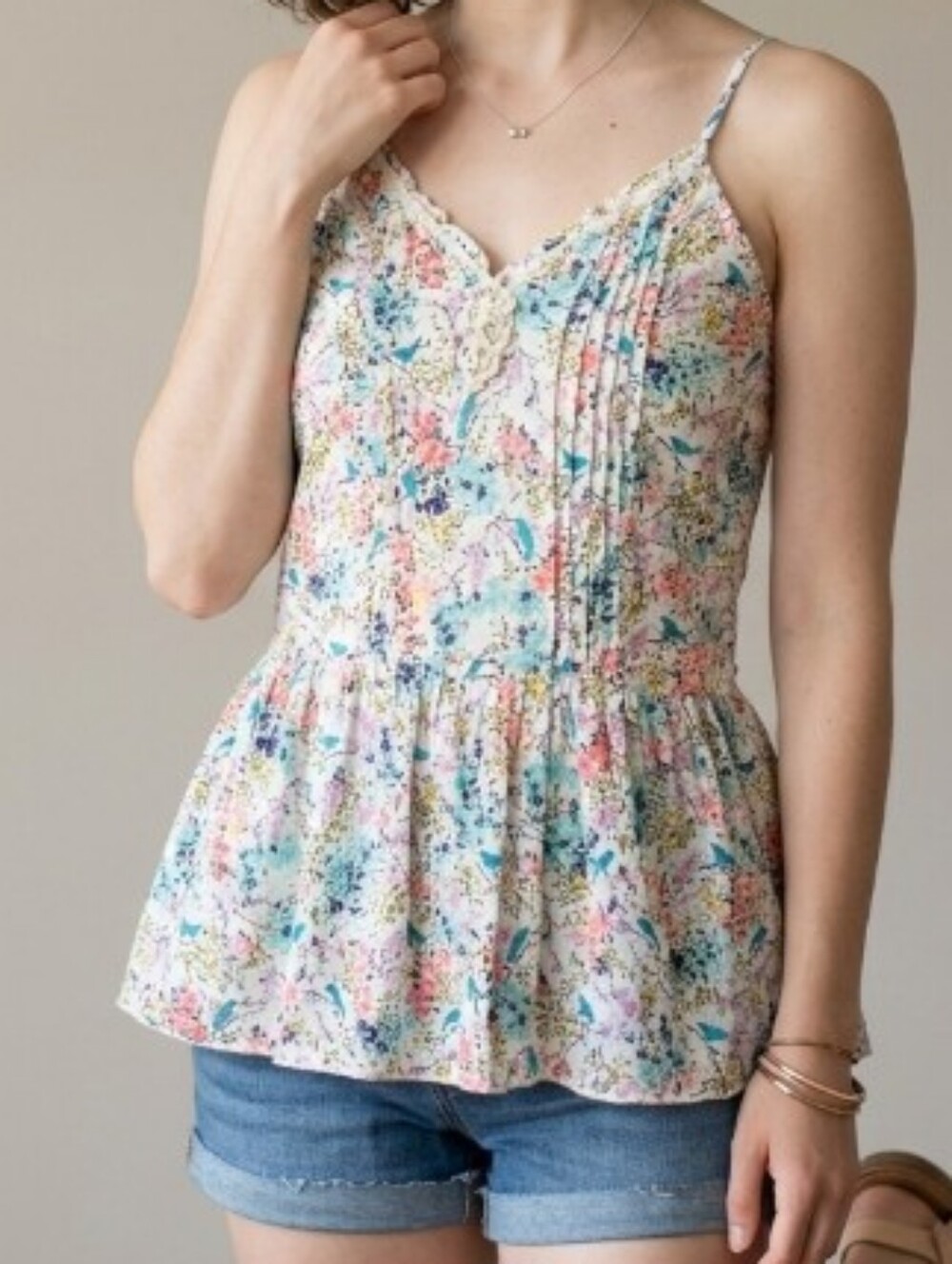 LC Lauren Conrad Cami Tank Pima Cotton Blend Knit Babydoll Peplum Floral Birds M